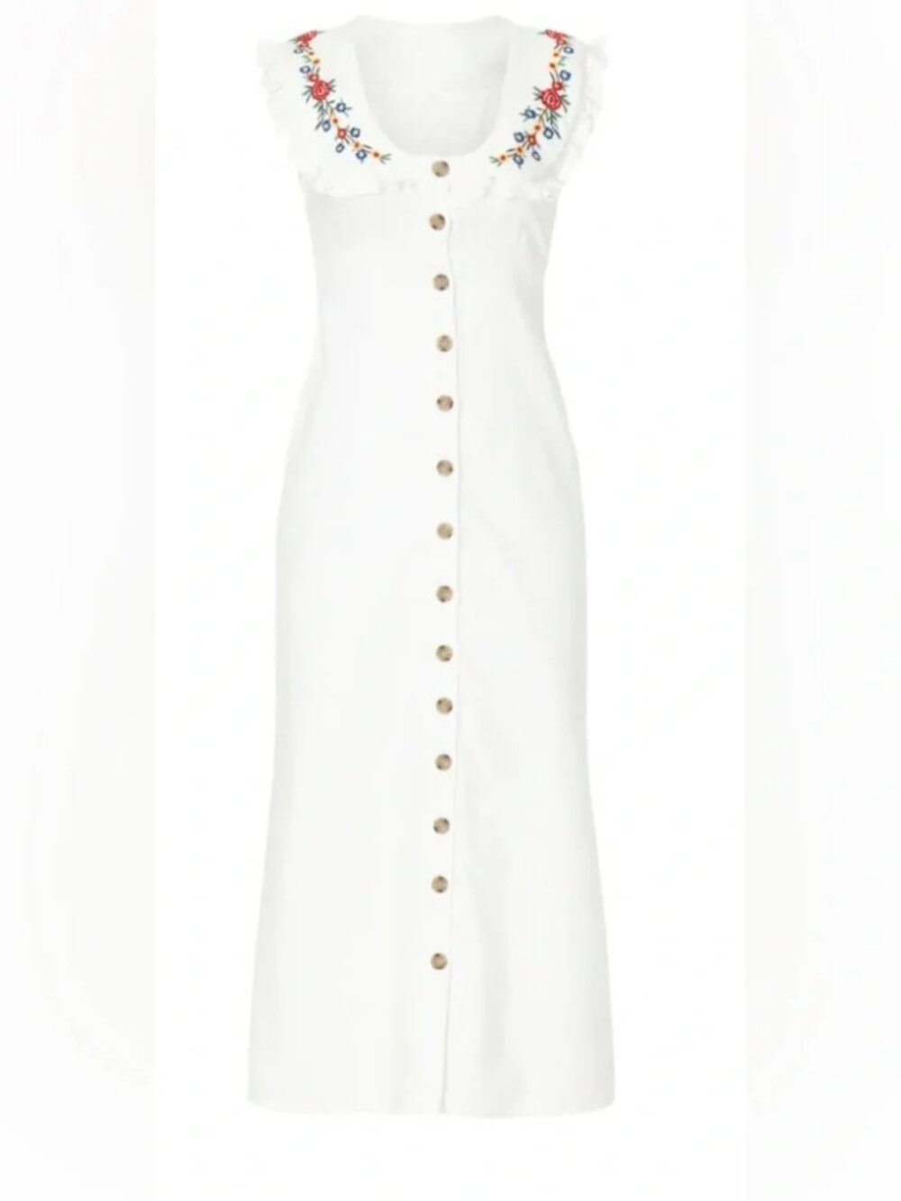 RIXO Nova Dress Midi Floral Embroidered Spread Collar Ecru Button front M - Picture 7 of 14